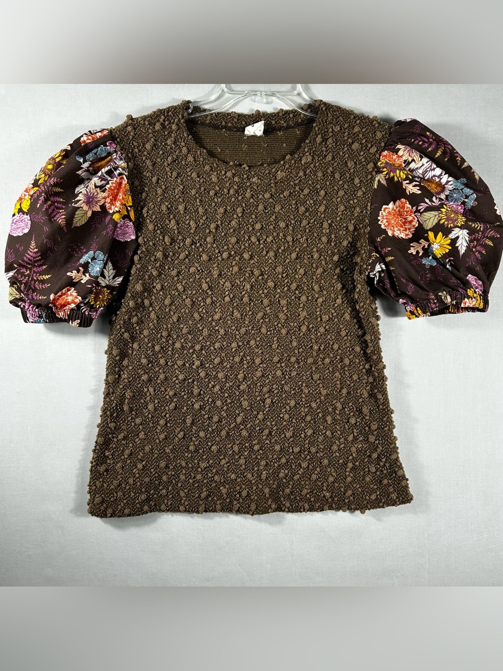 Ivy Jane Blouse Womens Small Floral Puff Sleeve Dark Brown Textured Ruffle